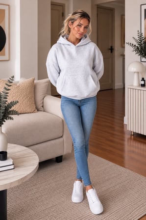 Gri Kadın Kapüşonlu Oversize Sweatshirt Kanguru Cepli Düz Renk Uzun Kollu Sweat