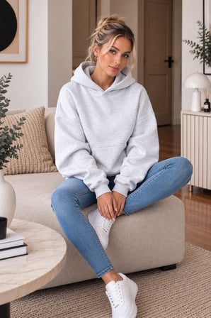 Gri Kadın Kapüşonlu Oversize Sweatshirt Kanguru Cepli Düz Renk Uzun Kollu Sweat