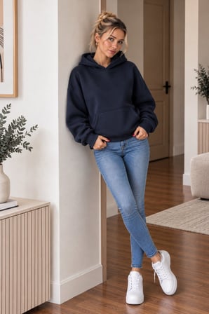 Lacivert Kadın Kapüşonlu Oversize Sweatshirt Kanguru Cepli Düz Renk Uzun Kollu Sweat
