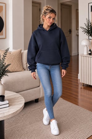 Lacivert Kadın Kapüşonlu Oversize Sweatshirt Kanguru Cepli Düz Renk Uzun Kollu Sweat