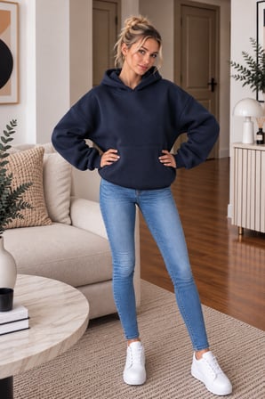 Lacivert Kadın Kapüşonlu Oversize Sweatshirt Kanguru Cepli Düz Renk Uzun Kollu Sweat