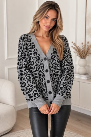 Gri Kadın Leopar Desenli Oversize Triko Hırka V Yaka Düğmeli Uzun Kollu Örgü Hırka
