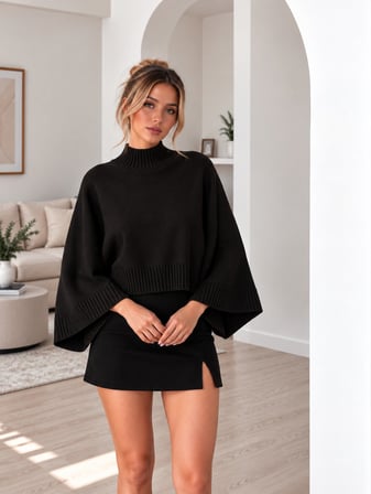 Siyah Kadın Yarım Balıkçı Yaka Yarasa Kol Oversize Crop Triko Kazak