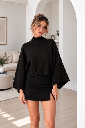 Siyah Kadın Yarım Balıkçı Yaka Yarasa Kol Oversize Crop Triko Kazak