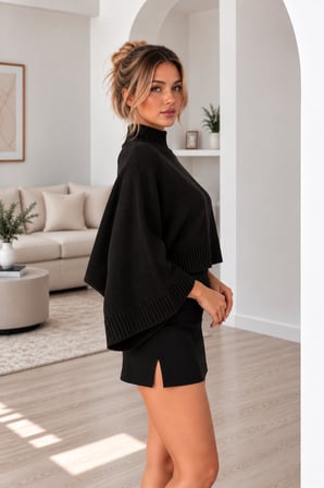 Siyah Kadın Yarım Balıkçı Yaka Yarasa Kol Oversize Crop Triko Kazak