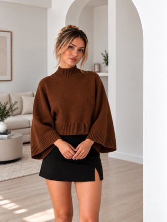 Kahve Kadın Yarım Balıkçı Yaka Yarasa Kol Oversize Crop Triko Kazak