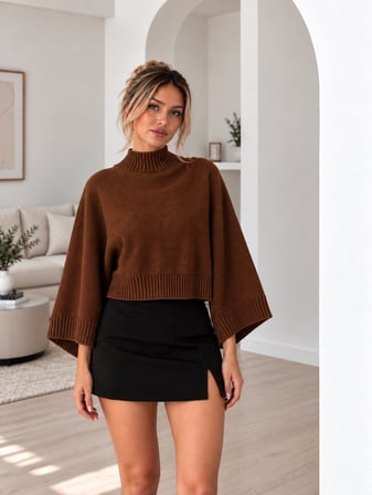 Kahve Kadın Yarım Balıkçı Yaka Yarasa Kol Oversize Crop Triko Kazak