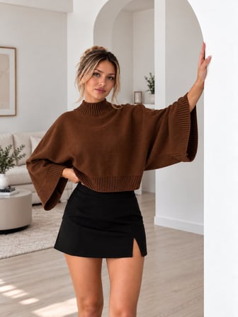 Kahve Kadın Yarım Balıkçı Yaka Yarasa Kol Oversize Crop Triko Kazak
