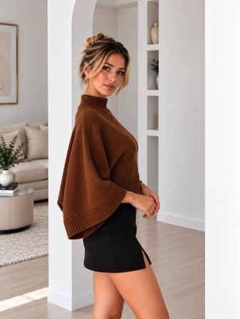 Kahve Kadın Yarım Balıkçı Yaka Yarasa Kol Oversize Crop Triko Kazak