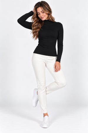 Siyah Kadın Uzun Kollu Balıkçı  Yaka Body Esnek Basic Günlük Üst