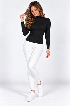 Siyah Kadın Uzun Kollu Balıkçı  Yaka Body Esnek Basic Günlük Üst