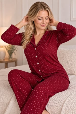 Bordo Kadın Bordo Puantiyeli Uzun Kollu Önden Düğmeli Gömlek Yaka Pijama Takımı