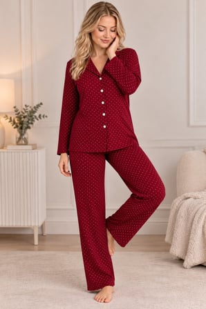 Bordo Kadın Bordo Puantiyeli Uzun Kollu Önden Düğmeli Gömlek Yaka Pijama Takımı