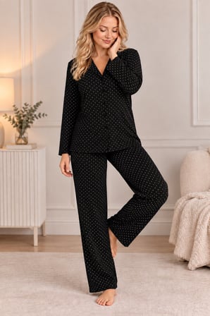 Siyah Kadın Siyah Puantiyeli Uzun Kollu Önden Düğmeli Gömlek Yaka Pijama Takımı