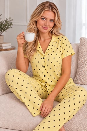 Sarı Kadın Sarı Siyah Puantiyeli Düğmeli Pijama Takımı Rahat Ev Giyim