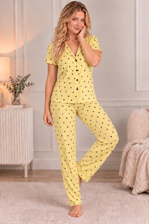 Sarı Kadın Sarı Siyah Puantiyeli Düğmeli Pijama Takımı Rahat Ev Giyim