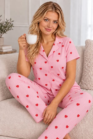 Pembe Kadın Çizgili Kalp Desenli Bürümcük Kumaş Pijama Takımı Rahat Ev Giyim