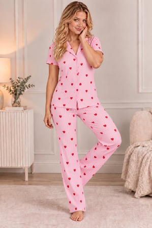 Pembe Kadın Çizgili Kalp Desenli Bürümcük Kumaş Pijama Takımı Rahat Ev Giyim