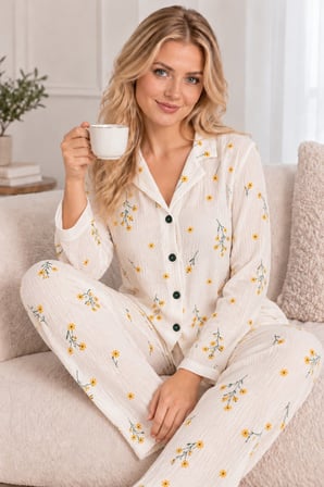 Beyaz Kadın Çiçek Desenli Uzun Kollu Düğmeli Rahat Pijama Takımı