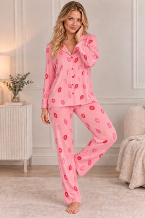 Pembe Kadın Dudak Desenli Pembe Uzun Kollu Düğmeli Rahat Pijama Takımı