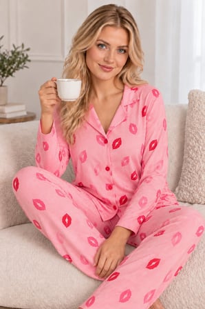 Pembe Kadın Dudak Desenli Pembe Uzun Kollu Düğmeli Rahat Pijama Takımı