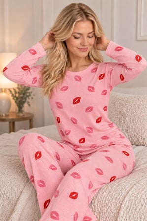 Pembe Kadın Rahat Esnek Pembe Dudak Desenli Uzun Kollu Pijama Takımı
