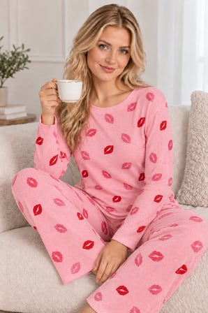 Pembe Kadın Rahat Esnek Pembe Dudak Desenli Uzun Kollu Pijama Takımı