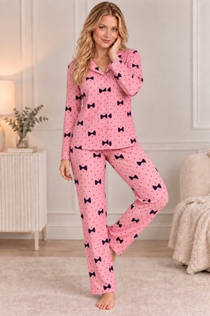 Pembe Kadın Lila Fiyonk Desenli Uzun Kollu Düğmeli Rahat Pijama Takımı