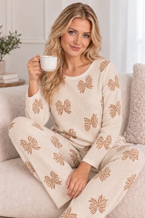 Krem Kadın Krem Fiyonk Desenli Uzun Kollu Rahat Pijama Takımı