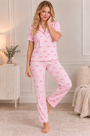 Pembe Kadın Pembe Kurdele Desenli Bürümcük Kumaş Kısa Kollu Düğmeli Pijama Takımı