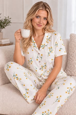 Beyaz Kadın Çiçek Baskılı Bürümcük Kumaş Kısa Kollu Düğmeli Pijama Takımı