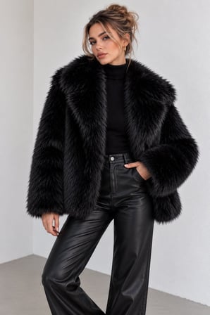 Siyah Kadın Peluş Kürk Ceket Oversize Uzun Kollu Yumuşak Dokulu Kışlık Mont