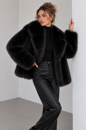 Siyah Kadın Peluş Kürk Ceket Oversize Uzun Kollu Yumuşak Dokulu Kışlık Mont