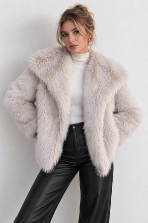 Beyaz Kadın Peluş Kürk Ceket Oversize Uzun Kollu Yumuşak Dokulu Kışlık Mont