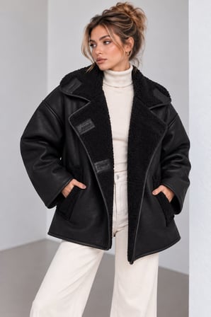 Siyah Kadın Oversize Peluş Detaylı Süet Mont Kürk Yakalı Kışlık Ceket