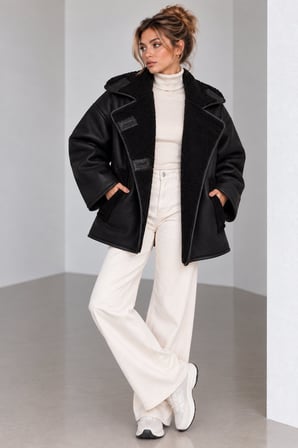 Siyah Kadın Oversize Peluş Detaylı Süet Mont Kürk Yakalı Kışlık Ceket