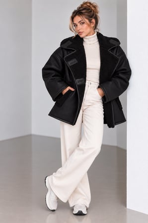 Siyah Kadın Oversize Peluş Detaylı Süet Mont Kürk Yakalı Kışlık Ceket