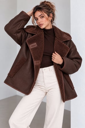 Kahve Kadın Oversize Peluş Detaylı Süet Mont Kürk Yakalı Kışlık Ceket