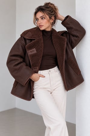 Kahve Kadın Oversize Peluş Detaylı Süet Mont Kürk Yakalı Kışlık Ceket