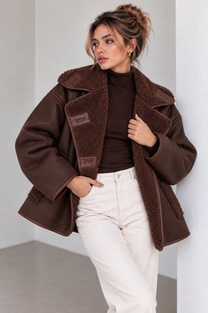 Kahve Kadın Oversize Peluş Detaylı Süet Mont Kürk Yakalı Kışlık Ceket
