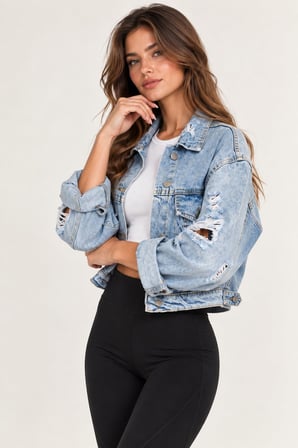 Mavi Kadın Yırtık Detaylı Oversize Kot Mont Denim Ceket
