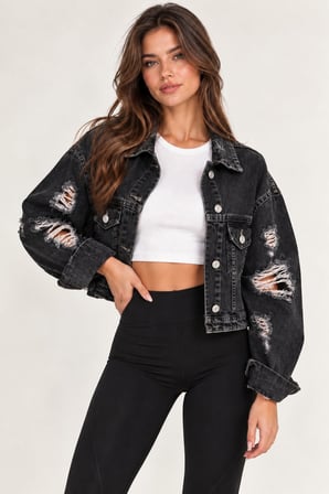 Antrasit Kadın Yırtık Detaylı Oversize Kot Mont Denim Ceket
