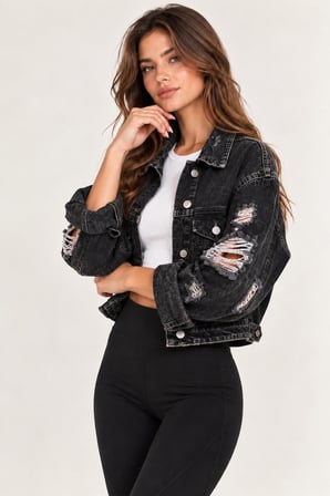 Antrasit Kadın Yırtık Detaylı Oversize Kot Mont Denim Ceket