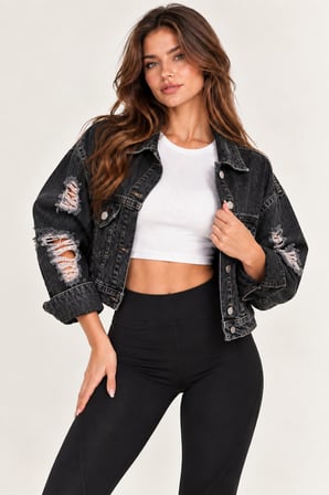 Antrasit Kadın Yırtık Detaylı Oversize Kot Mont Denim Ceket