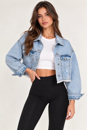 Mavi Kadın Mavi Crop Kot Mont Oversize Kesim Püskül Detaylı Denim Ceket