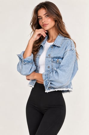 Mavi Kadın Mavi Crop Kot Mont Oversize Kesim Püskül Detaylı Denim Ceket