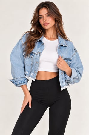 Mavi Kadın Mavi Crop Kot Mont Oversize Kesim Püskül Detaylı Denim Ceket