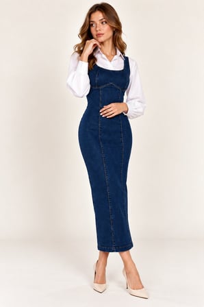 Koyu Mavi Kadın Koyu Mavi Askılı Uzun Kot Elbise Korse Görünümlü Denim Elbise