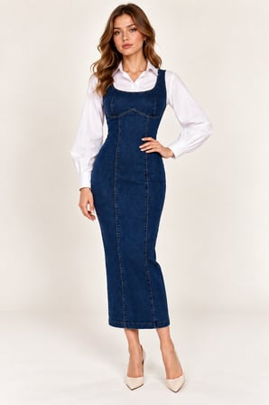 Koyu Mavi Kadın Koyu Mavi Askılı Uzun Kot Elbise Korse Görünümlü Denim Elbise
