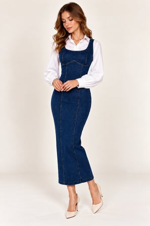 Koyu Mavi Kadın Koyu Mavi Askılı Uzun Kot Elbise Korse Görünümlü Denim Elbise
